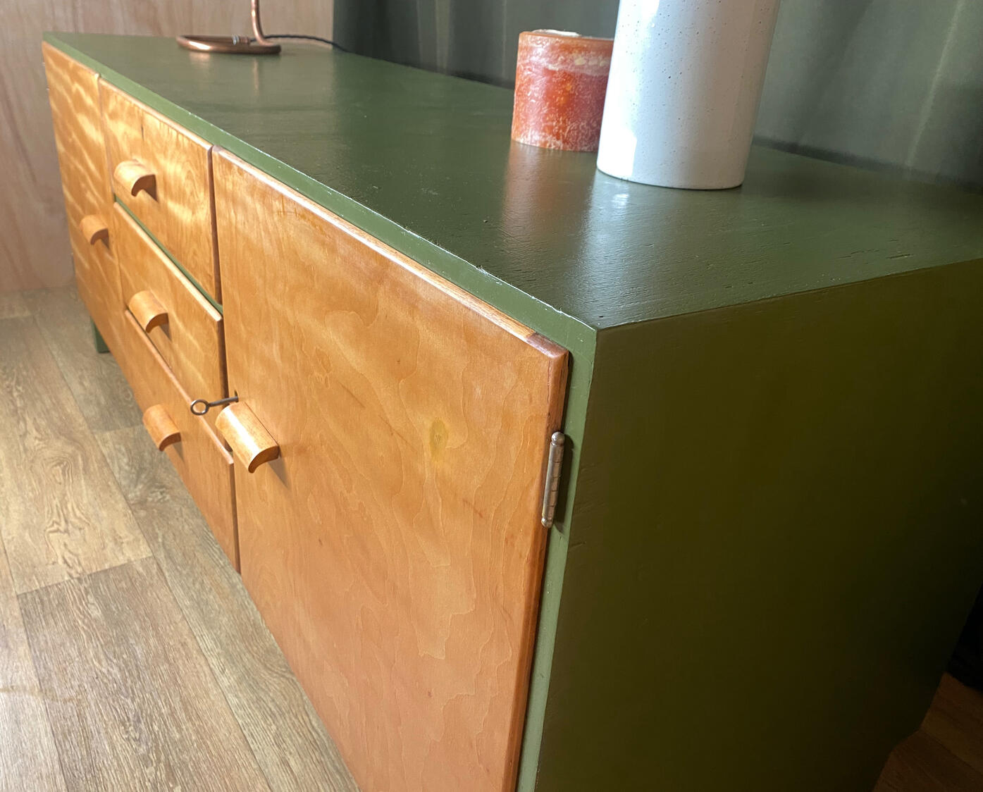 Restoring boring studio G Plan Fresco Teak Sideboard in Farrow and Ball Bancha Green