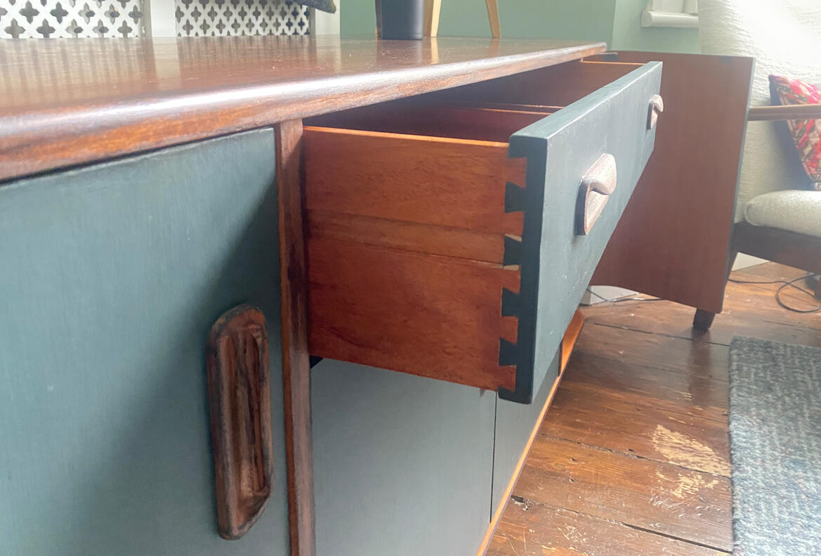 Restoring boring studio G-Plan Fresco Sideboard in Studio Green Farrow and Ball