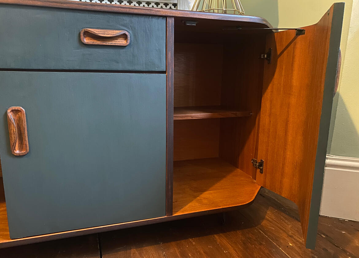 Restoring boring studio G-Plan Fresco Sideboard in Studio Green Farrow and Ball