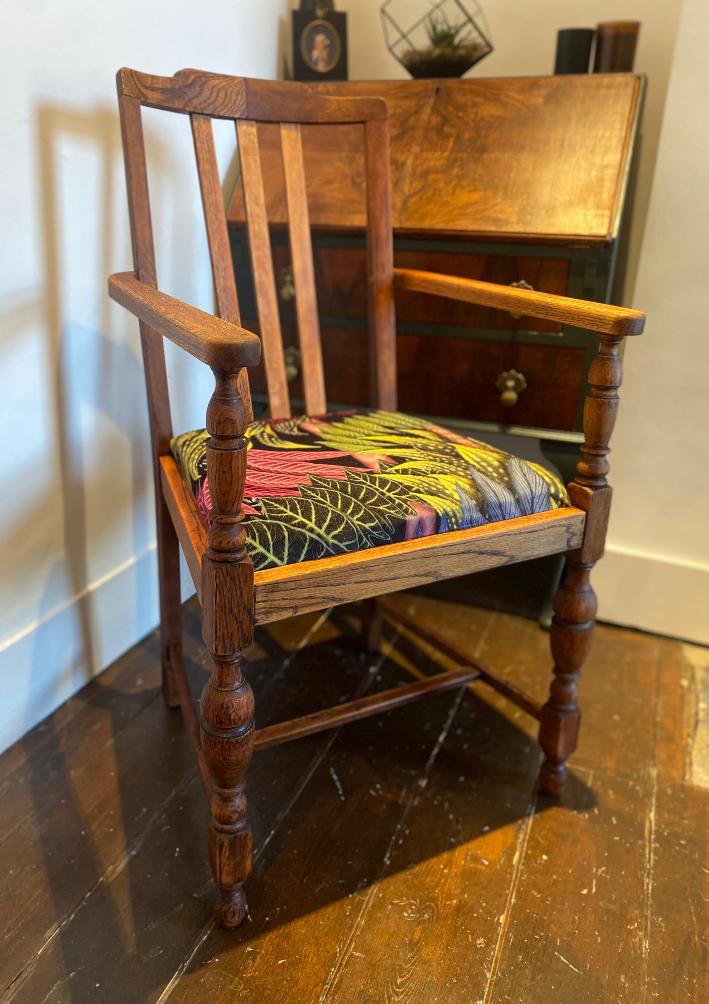 Antique Oak Desk Chair in Christian Lacroix Belorizonte Velvet Antique Oak Desk Chair in Christian Lacroix Belorizonte Velvet